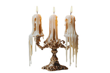 Elegant antique candelabra with dripping wax candles isolated on transparent png