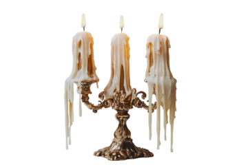 Elegant antique candelabra with dripping wax candles isolated on transparent png
