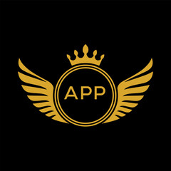 APP Royal Golden Wing Logo with Crown and Initials - Premium Brand Identity Design on Black Background. APP Letter Logo.
