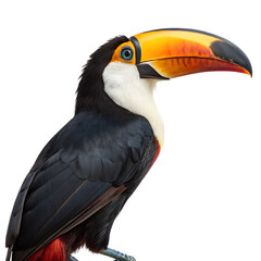 A close-up of a toucan with a vibrant yellow and orange beak. The bird has black feathers and a white throat, set against a black background.