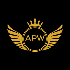 APW Royal Golden Wing Logo with Crown and Initials - Premium Brand Identity Design on Black Background. APW Letter Logo.
