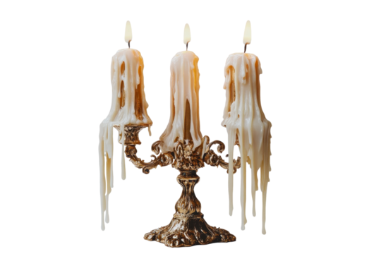 Elegant antique candelabra with dripping wax candles isolated on transparent png