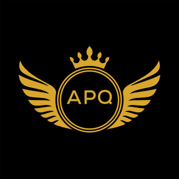 APQ Royal Golden Wing Logo with Crown and Initials - Premium Brand Identity Design on Black Background. APQ Letter Logo.
