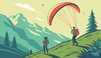 Couple hiking below paraglider in sunny mountains                                                                                                                              