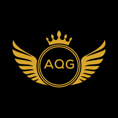 AQG Royal Golden Wing Logo with Crown and Initials - Premium Brand Identity Design on Black Background. AQG Letter Logo.
