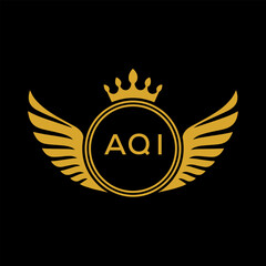 AQI Royal Golden Wing Logo with Crown and Initials - Premium Brand Identity Design on Black Background. AQI Letter Logo.
