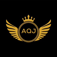 AQJ Royal Golden Wing Logo with Crown and Initials - Premium Brand Identity Design on Black Background. AQJ Letter Logo.
