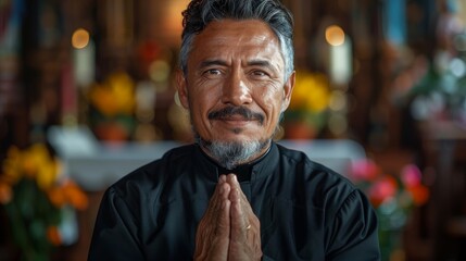 Fototapeta premium A peaceful portrait of a serene man with a beard, dressed in traditional attire, praying with deep focus, conveying spirituality and inner calm amidst a colorful background.
