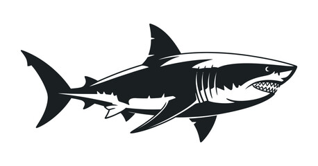 Monochrome Vector Illustration of a Great White Shark with Open Mouth and Sharp Teeth on a White Background