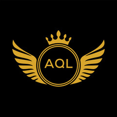 AQL Royal Golden Wing Logo with Crown and Initials - Premium Brand Identity Design on Black Background. AQL Letter Logo.
