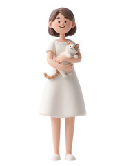 3D cartoon woman in white dress holding orange and white cat with gentle smile, isolated on white background