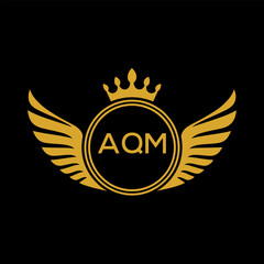 AQM Royal Golden Wing Logo with Crown and Initials - Premium Brand Identity Design on Black Background. AQM Letter Logo.
