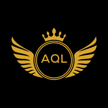 AQL Royal Golden Wing Logo with Crown and Initials - Premium Brand Identity Design on Black Background. AQL Letter Logo.

