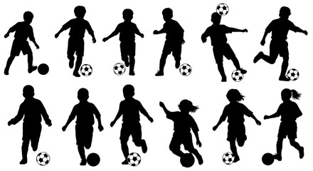 Silhouettes of Children Playing Soccer, Kicking and Dribbling Balls