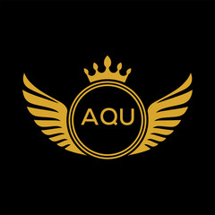 AQU Royal Golden Wing Logo with Crown and Initials - Premium Brand Identity Design on Black Background. AQU Letter Logo.
