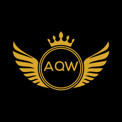 AQW Royal Golden Wing Logo with Crown and Initials - Premium Brand Identity Design on Black Background. AQW Letter Logo.
