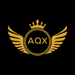 AQX Royal Golden Wing Logo with Crown and Initials - Premium Brand Identity Design on Black Background. AQX Letter Logo.
