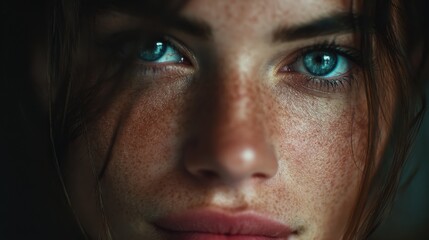 Fototapeta premium Close up portrait highlighting the captivating gaze and unique beauty of a young freckled woman, conveying confidence and determination through intense blue eyes and subtle smile