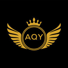 AQY Royal Golden Wing Logo with Crown and Initials - Premium Brand Identity Design on Black Background. AQY Letter Logo.
