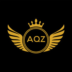 AQZ Royal Golden Wing Logo with Crown and Initials - Premium Brand Identity Design on Black Background. AQZ Letter Logo.
