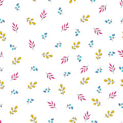 seamless pattern of red, yellow and blue leaves on white background hand drawn with colored pencils