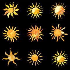 Hand Drawn Sun Icons Collection On Black Background