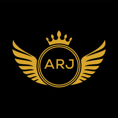 ARJ Royal Golden Wing Logo with Crown and Initials - Premium Brand Identity Design on Black Background. ARJ Letter Logo.
