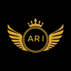 ARI Royal Golden Wing Logo with Crown and Initials - Premium Brand Identity Design on Black Background. ARI Letter Logo.
