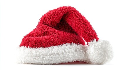 Vibrant red Santa hat with white pompom, isolated on white background, festive Christmas spirit
