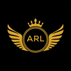 ARL Royal Golden Wing Logo with Crown and Initials - Premium Brand Identity Design on Black Background. ARL Letter Logo.
