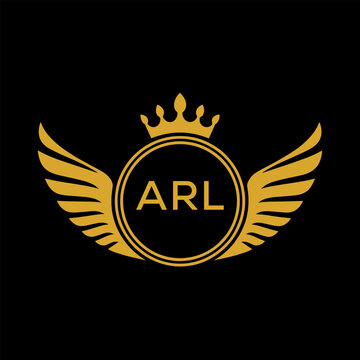 ARL Royal Golden Wing Logo with Crown and Initials - Premium Brand Identity Design on Black Background. ARL Letter Logo.

