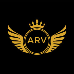 ARV Royal Golden Wing Logo with Crown and Initials - Premium Brand Identity Design on Black Background. ARV Letter Logo.
