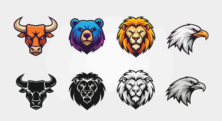 Colorful and Monochrome Mascots: Bull, Bear, Lion, Eagle Heads