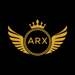 ARX Royal Golden Wing Logo with Crown and Initials - Premium Brand Identity Design on Black Background. ARX Letter Logo.
