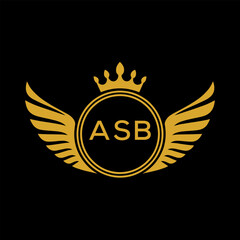 ASB Royal Golden Wing Logo with Crown and Initials - Premium Brand Identity Design on Black Background. ASB Letter Logo.
