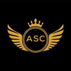 ASC Royal Golden Wing Logo with Crown and Initials - Premium Brand Identity Design on Black Background. ASC Letter Logo.
