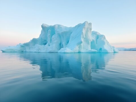 Soft morning light paints the massive iceberg as it floats serenely in calm waters