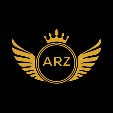 ARZ Royal Golden Wing Logo with Crown and Initials - Premium Brand Identity Design on Black Background. ARZ Letter Logo.
