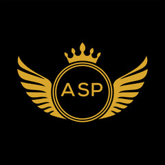 ASP Royal Golden Wing Logo with Crown and Initials - Premium Brand Identity Design on Black Background. ASP Letter Logo.
