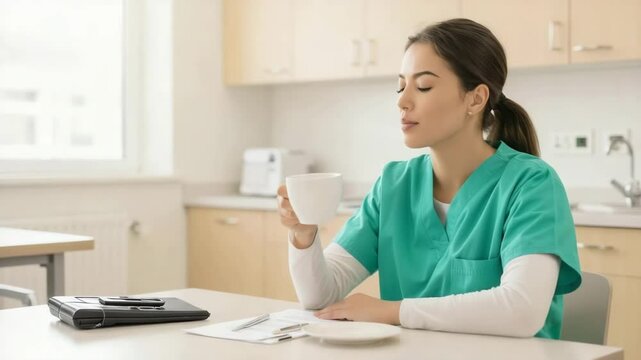 Nurse drinking coffee during break in hospital kitchen	