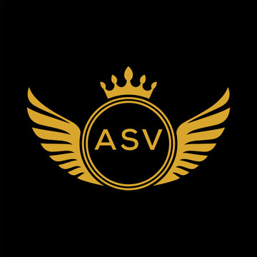 ASV Royal Golden Wing Logo with Crown and Initials - Premium Brand Identity Design on Black Background. ASV Letter Logo.

