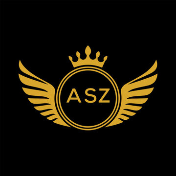 ASZ Royal Golden Wing Logo with Crown and Initials - Premium Brand Identity Design on Black Background. ASZ Letter Logo.
