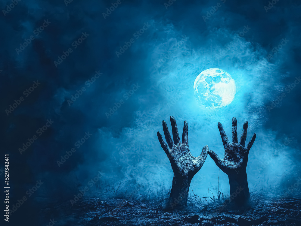 Poster pair of hands are reaching out towards a large moon in the sky. the image has a spooky and eerie moo