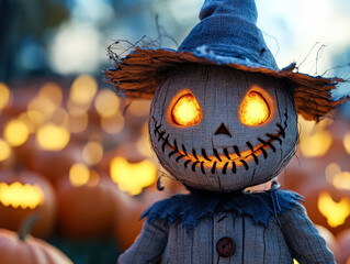 Scarecrow with a hat and a face with a light on it stands in front of a field of pumpkins. Happy Halloween
