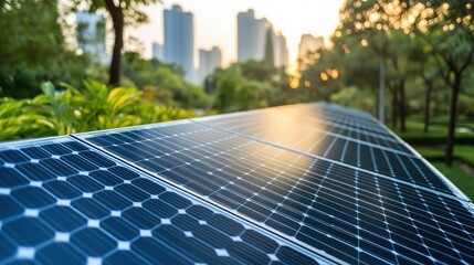 Fototapeta premium Urban solar panels blend with nature, symbolizing sustainable energy in modern cities.