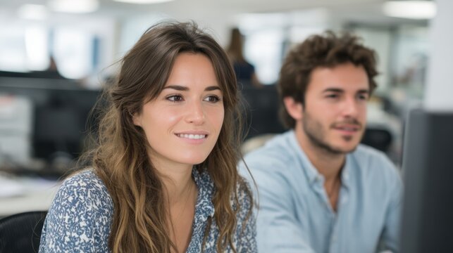 Two young professionals working together in a bright modern office space