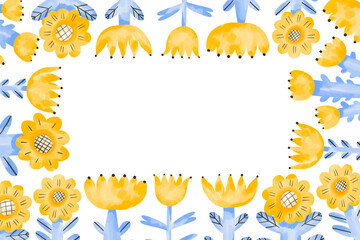 Horizontal frame with blue and yellow wildflowers. Simple border frame for greeting card, invitation, wedding design. Hand drawn watercolor card