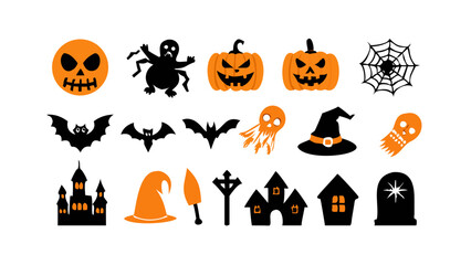 A collection of Halloween SVG icons designed in a clean and minimal vector style, featuring cute ghosts, carved pumpkins, bats, witch hats, and spooky treats.