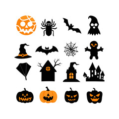 Obraz premium A collection of Halloween SVG icons designed in a clean and minimal vector style, featuring cute ghosts, carved pumpkins, bats, witch hats, and spooky treats.