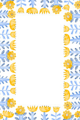Vertical frame with blue and yellow wildflowers. Simple border frame for greeting card, invitation, wedding design. Hand drawn watercolor card